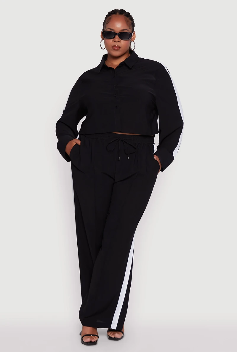 Womens Plus Size Crepe Knit Cropped Shirt with Side Stripe, Black, Size 1X