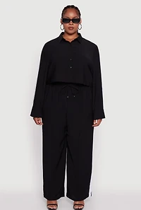 Womens Plus Size Crepe Knit Cropped Shirt with Side Stripe, Black, Size 1X