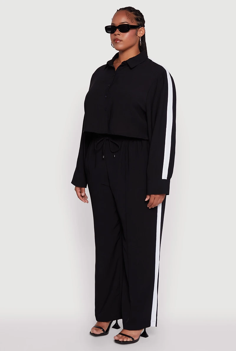 Womens Plus Size Crepe Knit Cropped Shirt with Side Stripe, Black, Size 1X