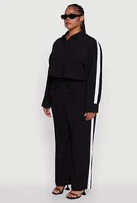 Womens Plus Size Crepe Knit Cropped Shirt with Side Stripe, Black, Size 1X