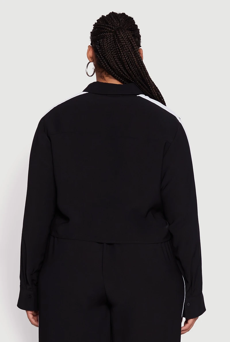 Womens Plus Size Crepe Knit Cropped Shirt with Side Stripe, Black, Size 1X