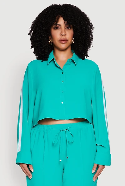 Womens Plus Size Crepe Knit Cropped Shirt with Side Stripe, Green, Size 2X