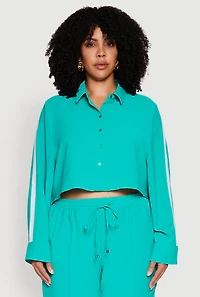 Plus Crepe Knit Cropped Shirt with Side Stripe