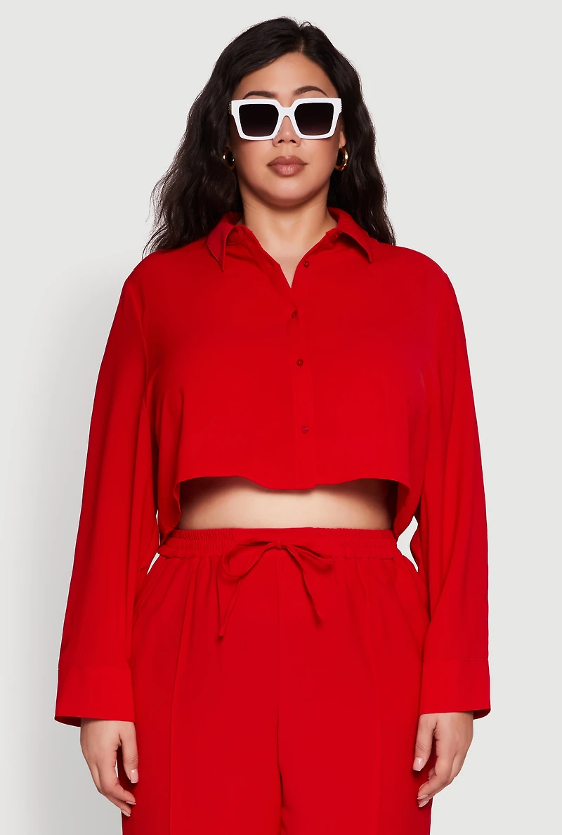 Womens Plus Size Crepe Knit Cropped Shirt with Side Stripe, Red, Size 3X