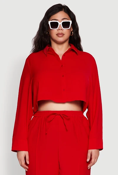 Womens Plus Size Crepe Knit Cropped Shirt with Side Stripe, Red, Size 3X