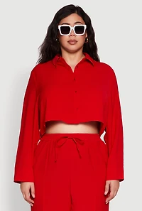 Womens Plus Size Crepe Knit Cropped Shirt with Side Stripe, Red, Size 3X