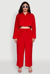 Womens Plus Size Crepe Knit Cropped Shirt with Side Stripe, Red, Size 3X
