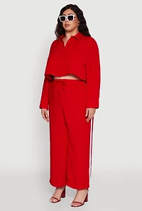 Womens Plus Size Crepe Knit Cropped Shirt with Side Stripe, Red, Size 3X