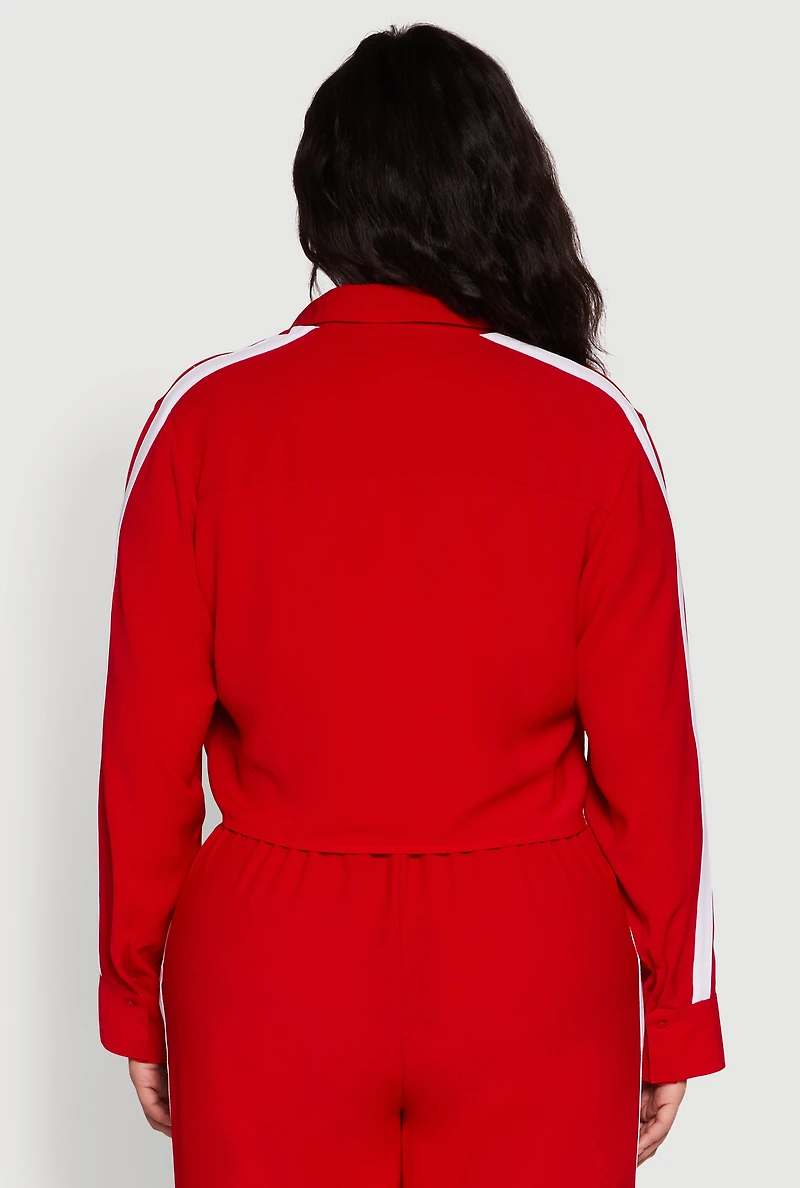 Plus Crepe Knit Cropped Shirt with Side Stripe