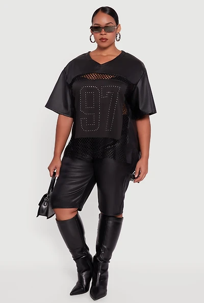 Womens Plus Size Faux Leather Fishnet 97 Rhinestone Graphic Top, Black, Size 1X