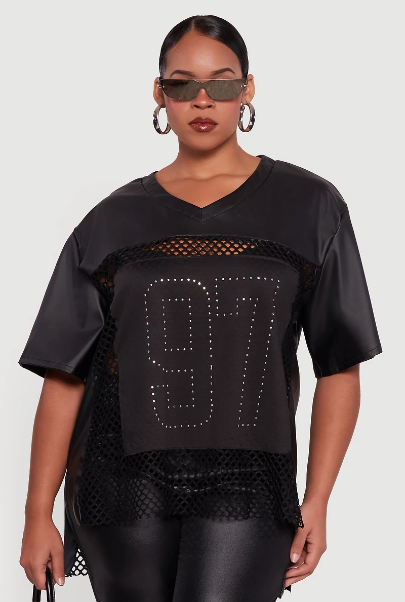 Womens Plus Size Faux Leather Fishnet 97 Rhinestone Graphic Top, Black, Size 1X