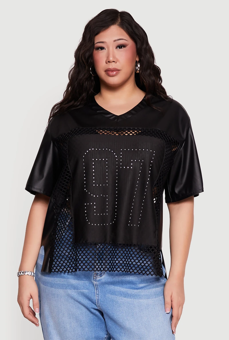Plus Faux Leather Fishnet 97 Rhinestone Graphic Top