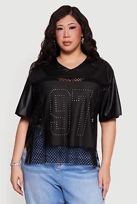 Plus Faux Leather Fishnet 97 Rhinestone Graphic Top
