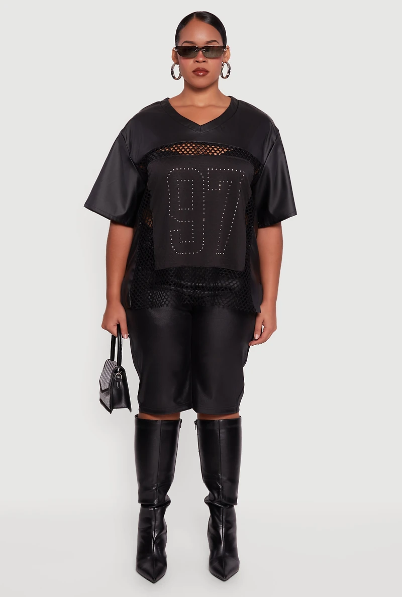Womens Plus Size Faux Leather Fishnet 97 Rhinestone Graphic Top, Black, Size 1X
