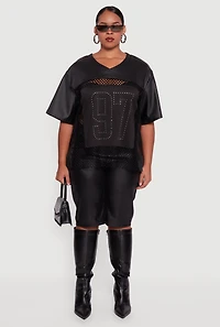 Womens Plus Size Faux Leather Fishnet 97 Rhinestone Graphic Top, Black, Size 1X