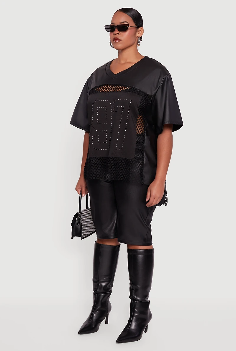 Womens Plus Size Faux Leather Fishnet 97 Rhinestone Graphic Top, Black, Size 1X