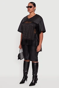 Womens Plus Size Faux Leather Fishnet 97 Rhinestone Graphic Top, Black, Size 1X