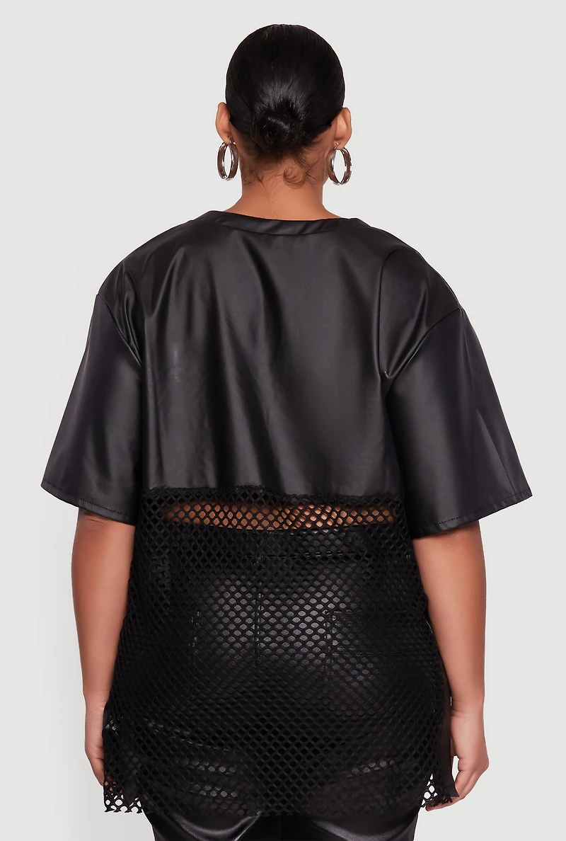 Womens Plus Size Faux Leather Fishnet 97 Rhinestone Graphic Top, Black, Size 1X