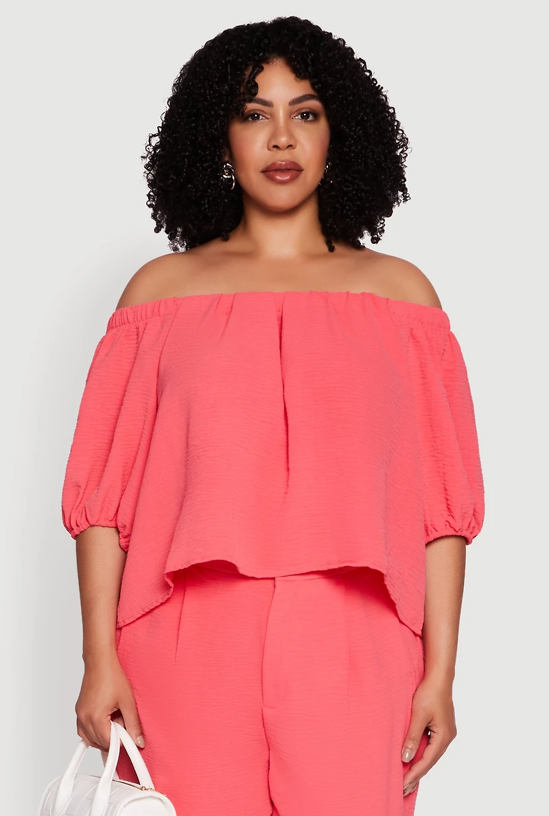 Womens Plus Crepe Knit Off The Shoulder Blouse, Pink,
