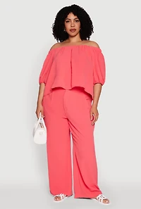 Womens Plus Crepe Knit Off The Shoulder Blouse, Pink,
