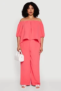 Womens Plus Crepe Knit Off The Shoulder Blouse, Pink,