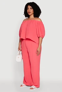 Womens Plus Crepe Knit Off The Shoulder Blouse, Pink,
