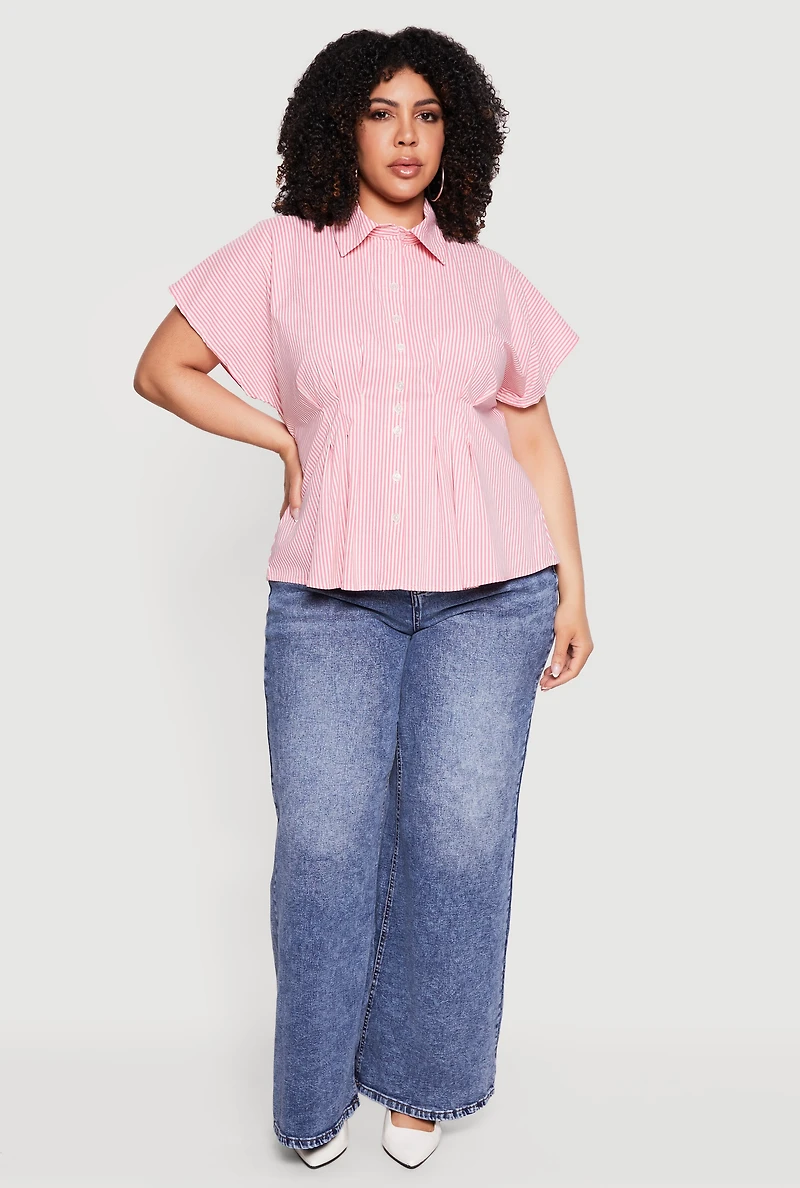 Plus Striped Dolman Sleeve Pleated Shirt