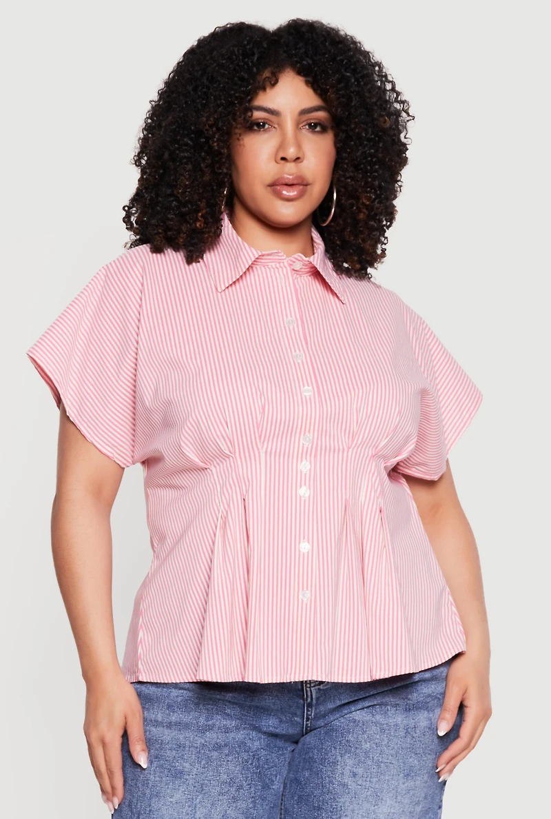 Plus Striped Dolman Sleeve Pleated Shirt