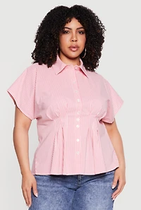 Plus Striped Dolman Sleeve Pleated Shirt