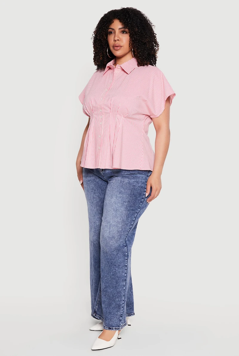 Plus Striped Dolman Sleeve Pleated Shirt