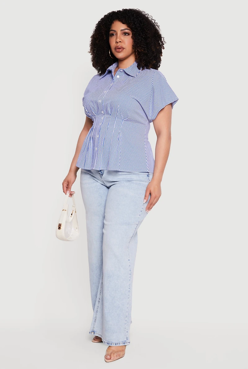 Plus Striped Dolman Sleeve Pleated Shirt