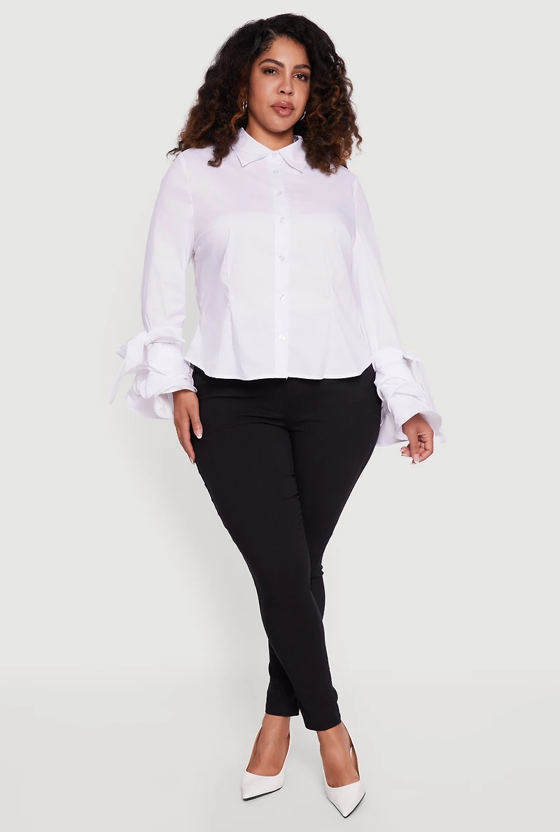 Plus Tiered Bell Sleeve Pleated Button Front Shirt