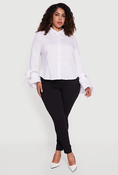 Plus Tiered Bell Sleeve Pleated Button Front Shirt