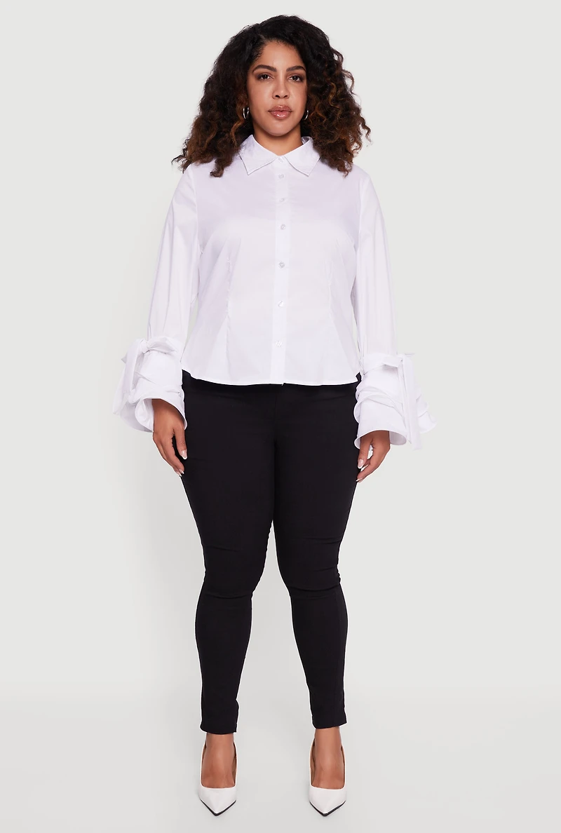 Plus Tiered Bell Sleeve Pleated Button Front Shirt