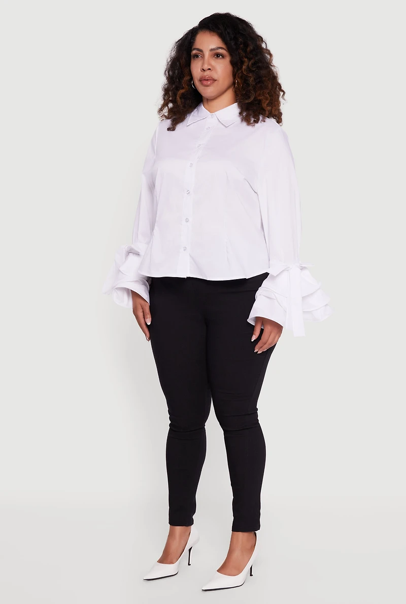 Plus Tiered Bell Sleeve Pleated Button Front Shirt