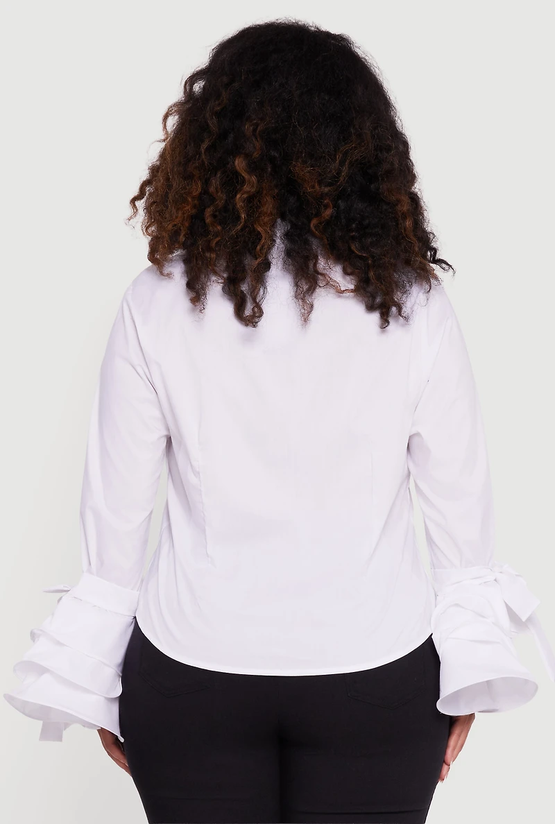 Plus Tiered Bell Sleeve Pleated Button Front Shirt