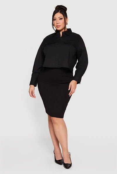 Womens Plus Size Boxy Button Front Side Slit Shirt, Black, Size 2X
