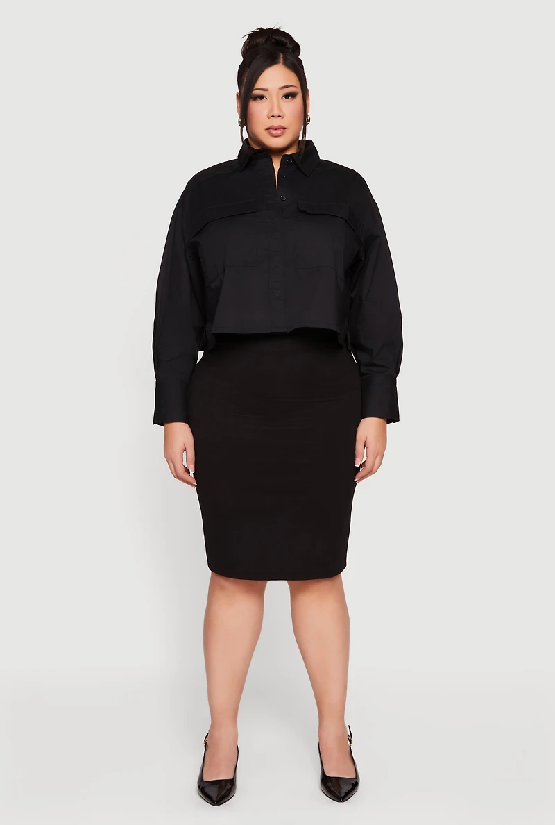 Plus Boxy Button Front Side Slit Shirt