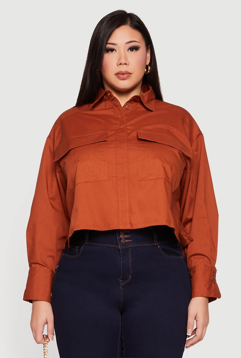Plus Boxy Button Front Side Slit Shirt