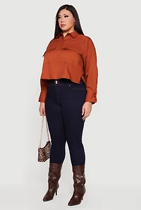 Womens Plus Size Boxy Button Front Side Slit Shirt, Orange, Size 1X