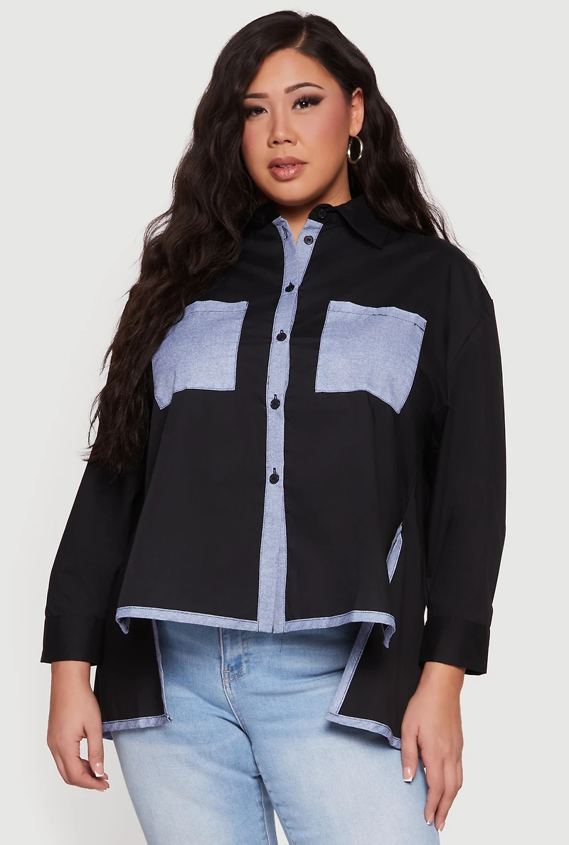 Plus Color Block Side Slit High Low Button Front Shirt