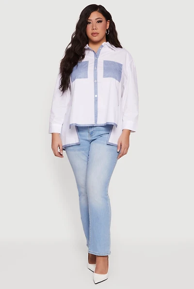 Plus Color Block Side Slit High Low Button Front Shirt