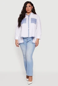 Plus Color Block Side Slit High Low Button Front Shirt