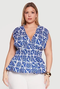 Plus Printed Cap Sleeve Peplum Blouse