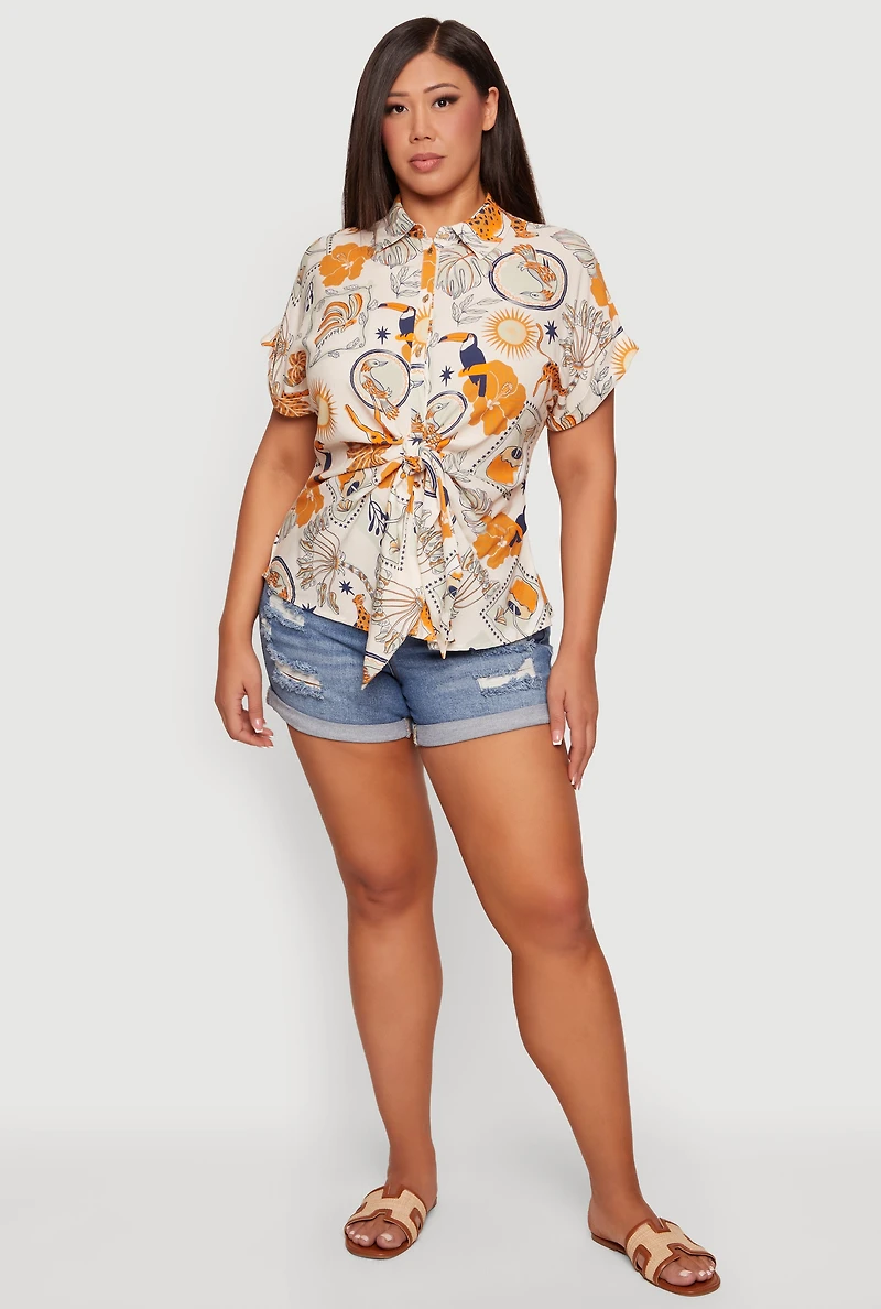Plus Printed Short Sleeve Tie Front Shirt