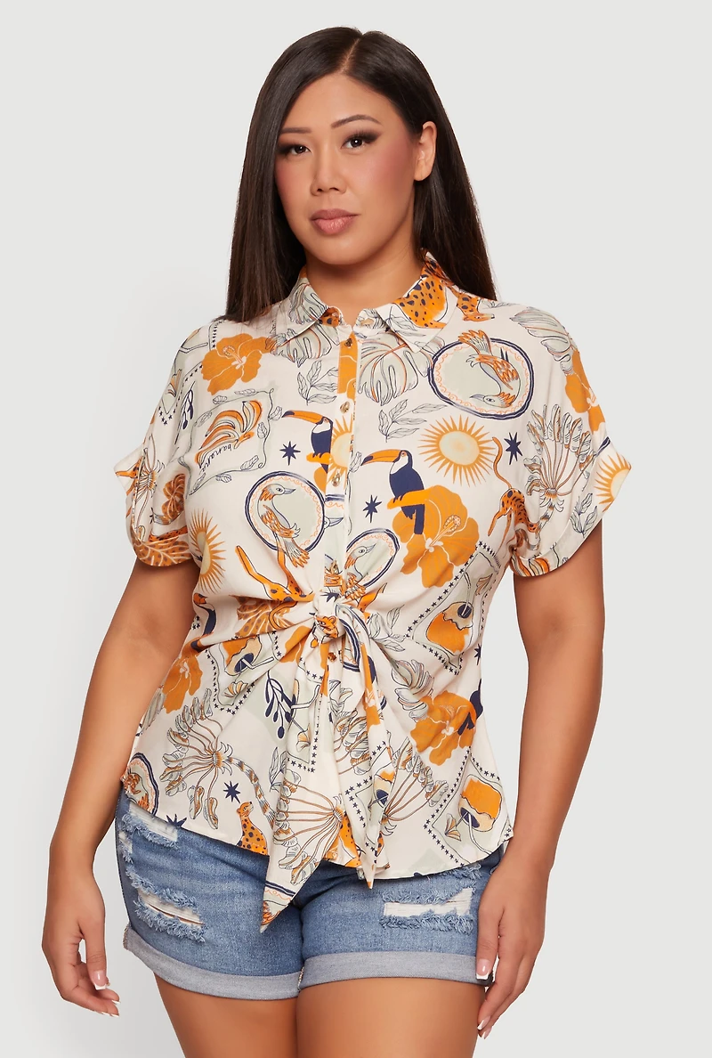 Plus Printed Short Sleeve Tie Front Shirt