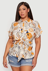 Plus Printed Short Sleeve Tie Front Shirt