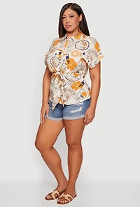 Plus Printed Short Sleeve Tie Front Shirt