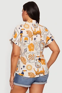 Plus Printed Short Sleeve Tie Front Shirt