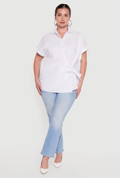 Plus Short Sleeve Side Tie Wrap Blouse